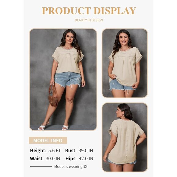 Plus Size Women’s Short Sleeve Crochet Lace Top Casual Blouse 1X-5X - Picture 3 of 5